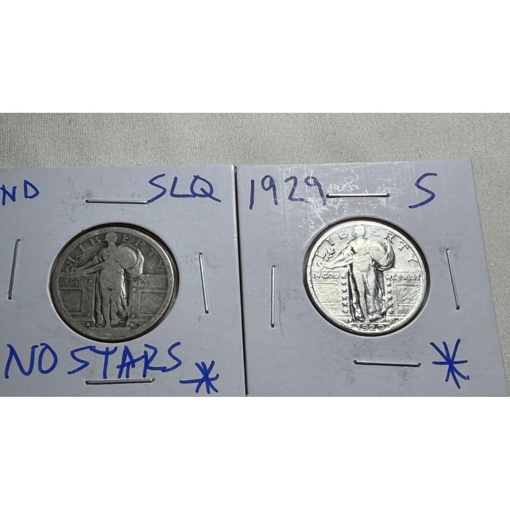 1929-S & No Date Standing Liberty Quarters 90% Silver Coin Lot 2pc US Mint